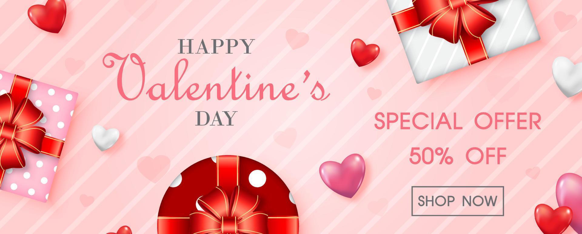 Gift box decoration of Valentine day's specials offer and shop banner with wording of sale' example texts on pink background. vector