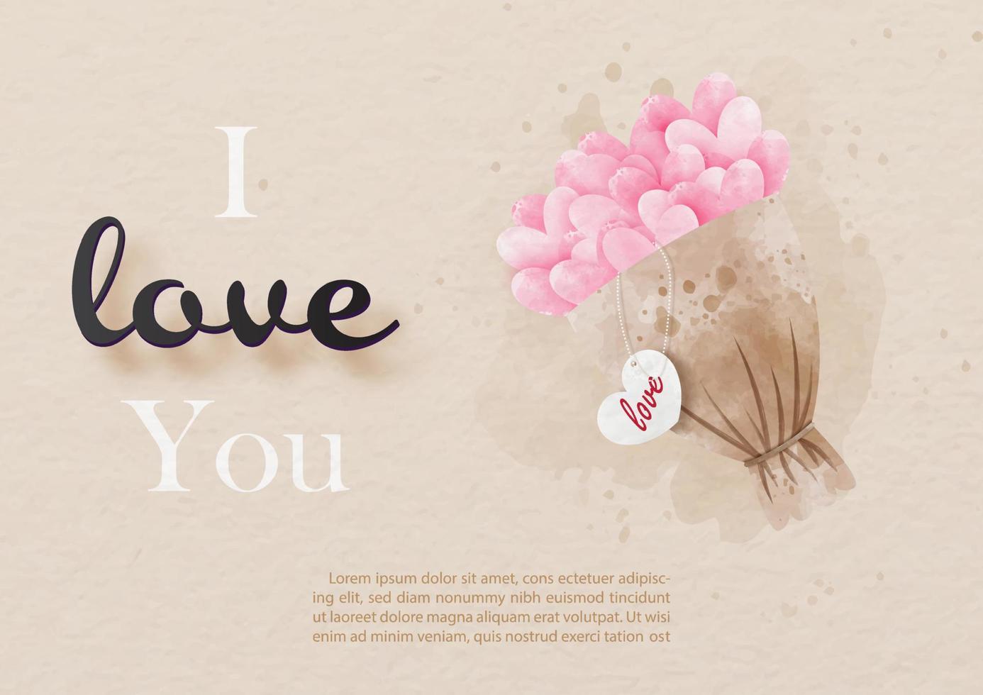 Pink hearts flower bouquet in watercolors style with love wording and example texts on light brown paper pattern background. Valentine's greeting card in vector design.