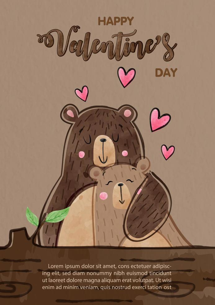 Valentine's greeting card of bear couple in hand draw and flat style with Valentine's day wording and example texts on brown paper pattern background. vector