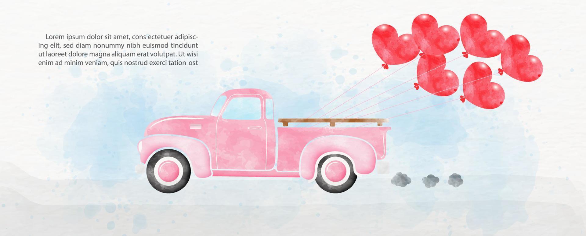 Pink retro truck delivery red party balloon in a heart shape in watercolor style and example texts on blue and white paper pattern background. vector