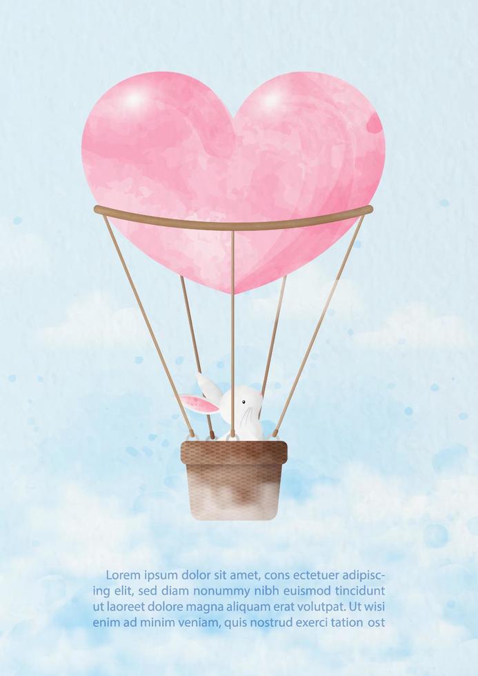 conejo blanco volando en el cielo con globo de aire caliente en forma de corazón en estilo acuarela y textos de ejemplo sobre fondo de patrón de papel azul. tarjeta de felicitación de San Valentín en diseño vectorial. vector