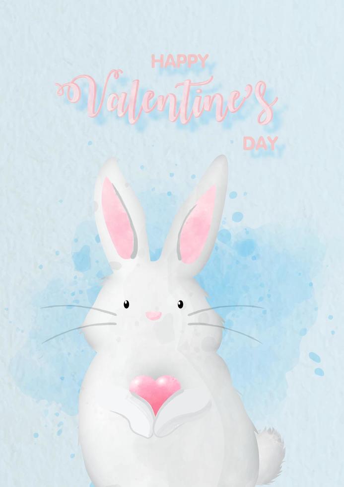 White rabbit hugging heart in watercolors style with wording of Valentine's day on blue paper pattern background. Valentine greeting card in vector design.