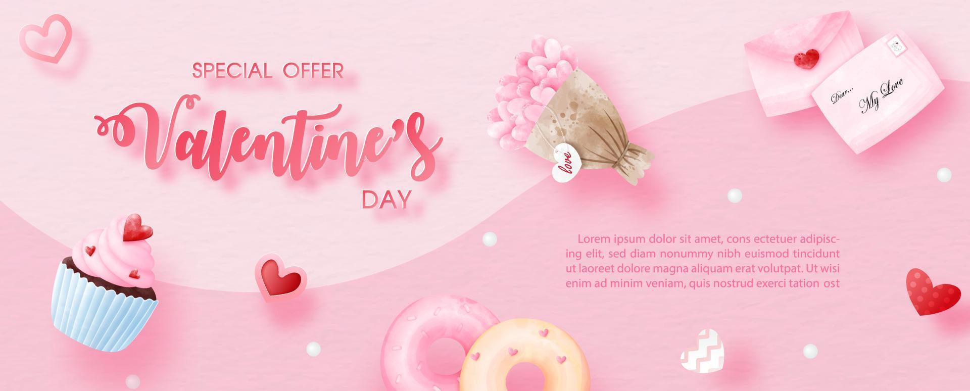 panadería dulce con decoración de la oferta especial del día de san valentín y banner de tienda en acuarelas y estilo de capas con texto de ejemplo de venta sobre fondo rosa. vector