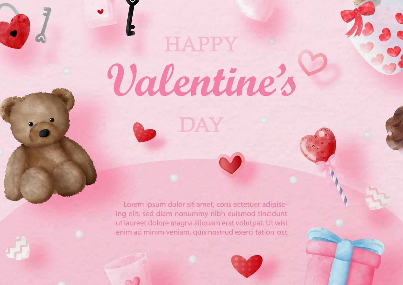 Object and symbols of Valentine day's in watercolors style and example texts on pink background. vector