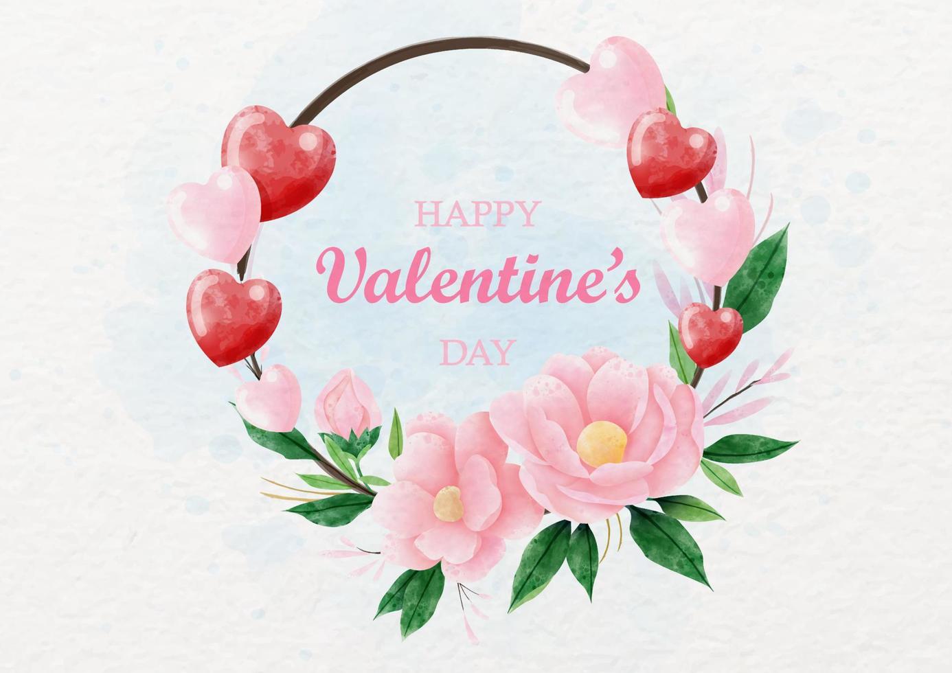Pink rose Valentine holly and decorated wreath in watercolors style with Valentine's wording on white paper pattern background. Valentine's day greeting card in vector and watercolors style