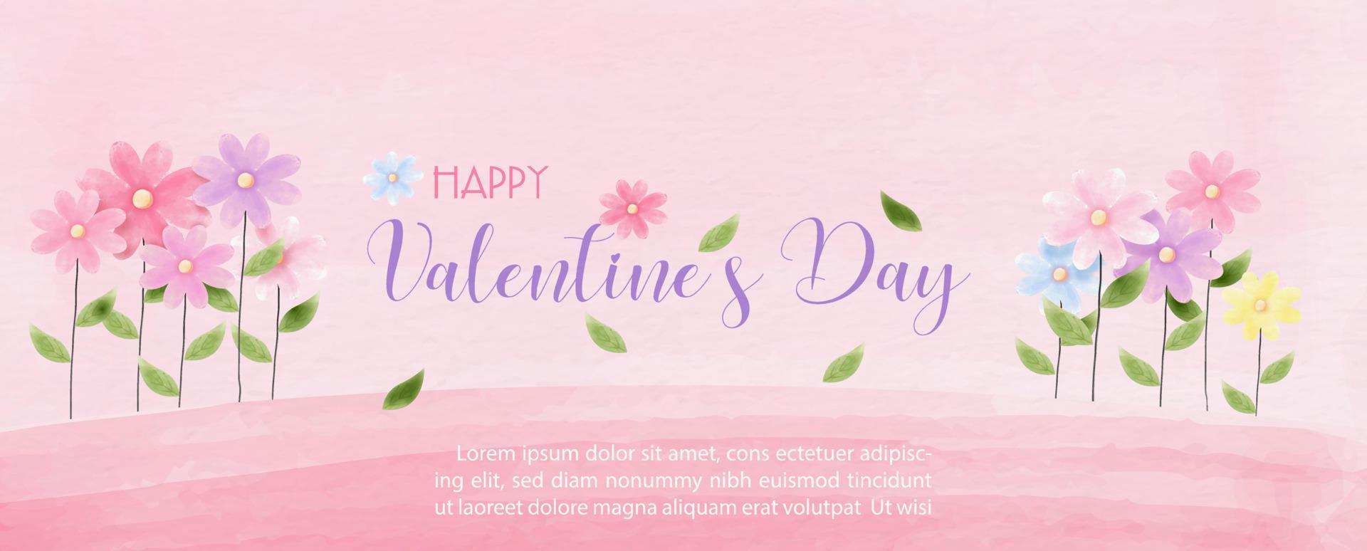 Colorful and beauty flowers with wording of Valentine 's day and example texts on pink background. Valentine greeting card and poster in watercolors style and vector design.