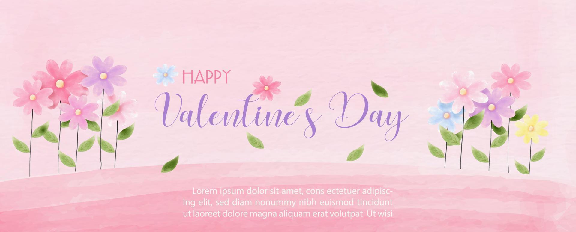 flores coloridas y hermosas con texto del día de san valentín y textos de ejemplo sobre fondo rosa. tarjeta de felicitación de San Valentín y póster en estilo acuarela y diseño vectorial. vector