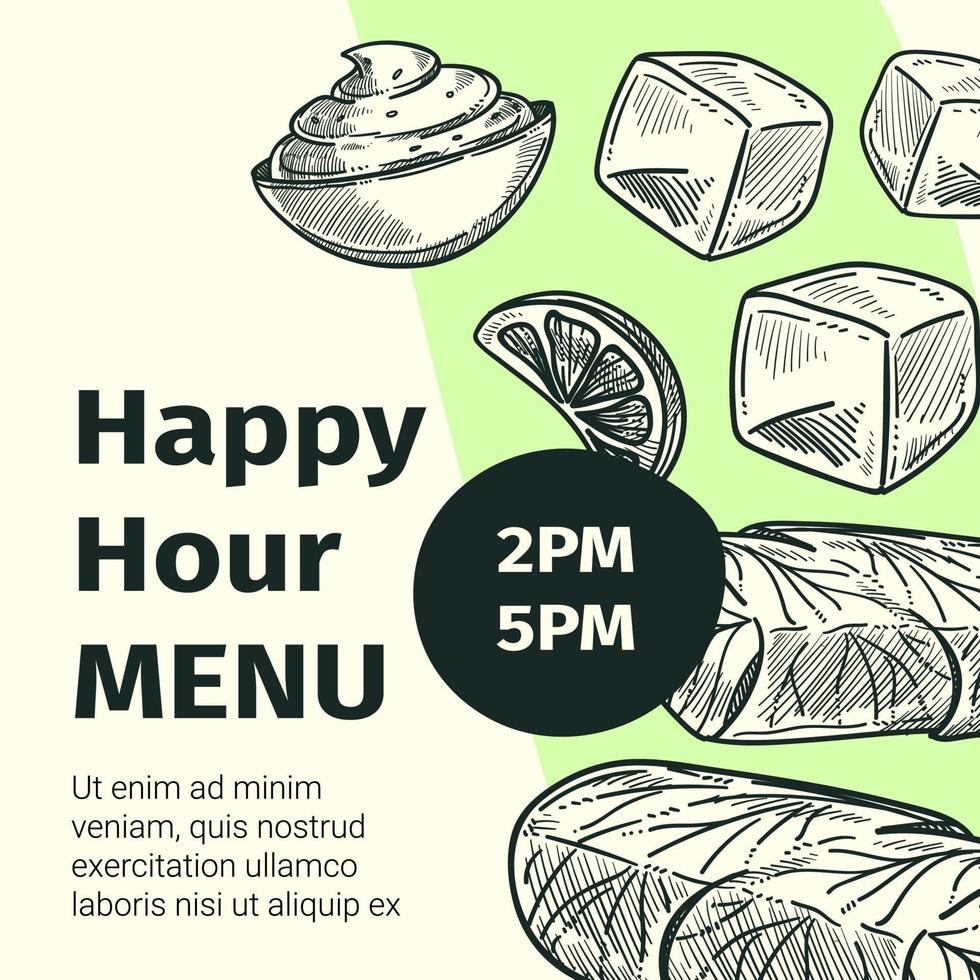 Happy hour menu in restaurant or cafe, banner vector