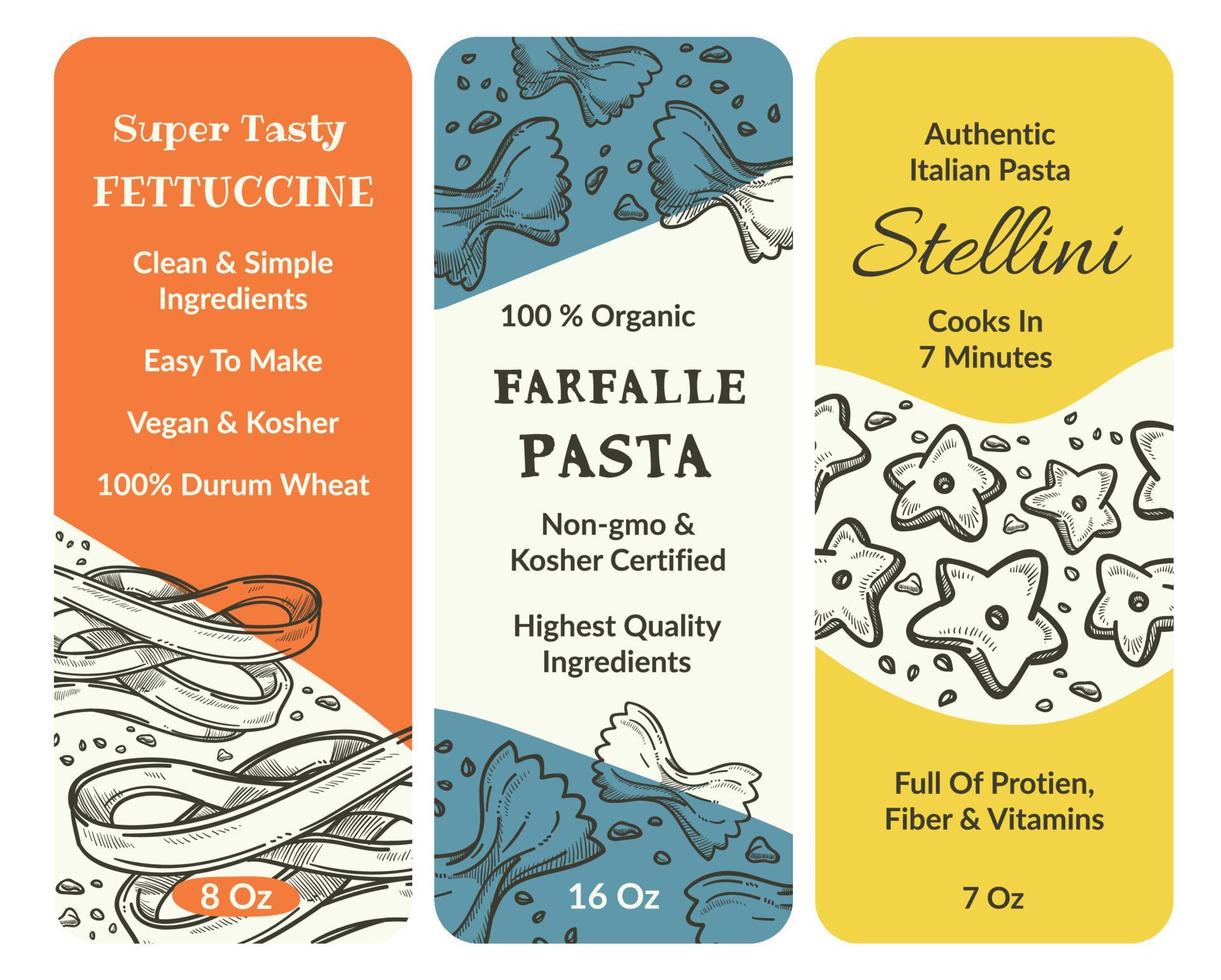 Farfalle pasta, stellini and fettuccine spaghetti vector