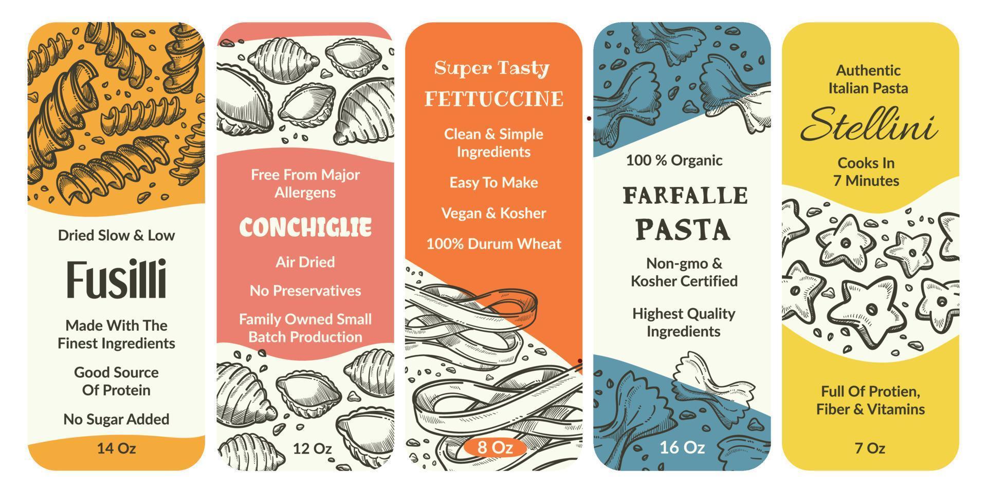 Italian pasta label set, product package design vector