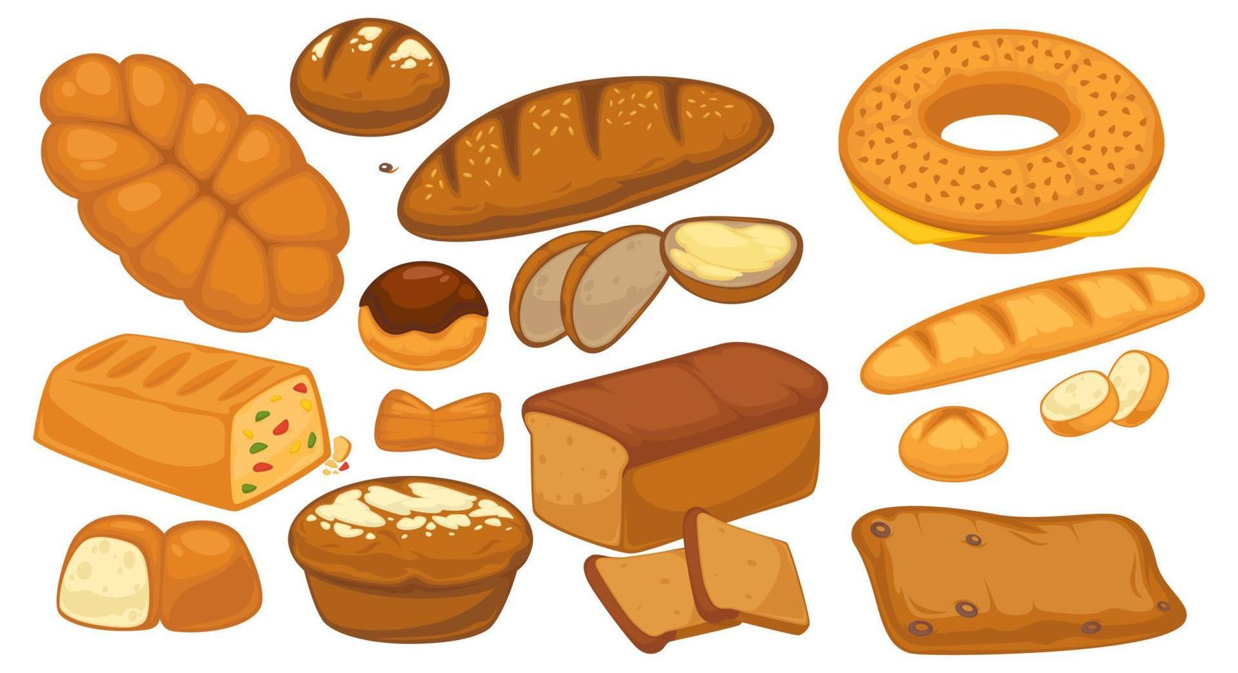 Baked bread and buns, bakery products and pastry vector
