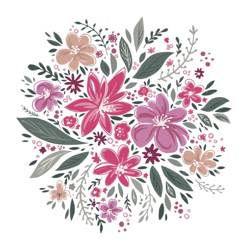 ramo floral con hojas y flores florecientes vector