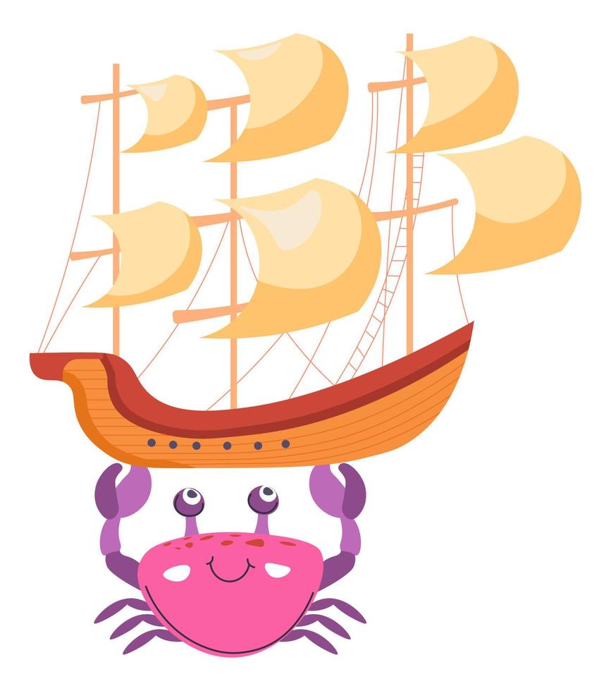 Crab funny character with ship with sails vector