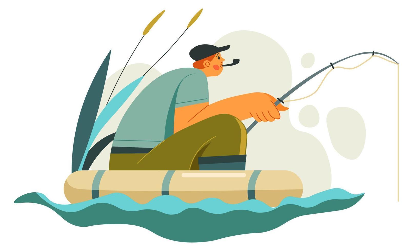 Man holding fishing rod sitting in boat on lake vector