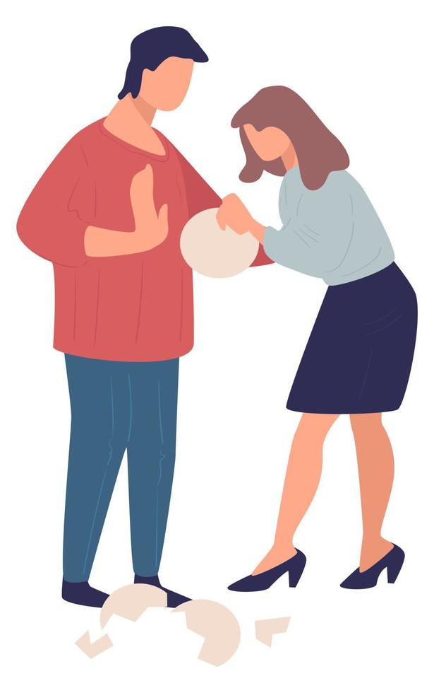 Husband and wife having fight, woman break plate vector