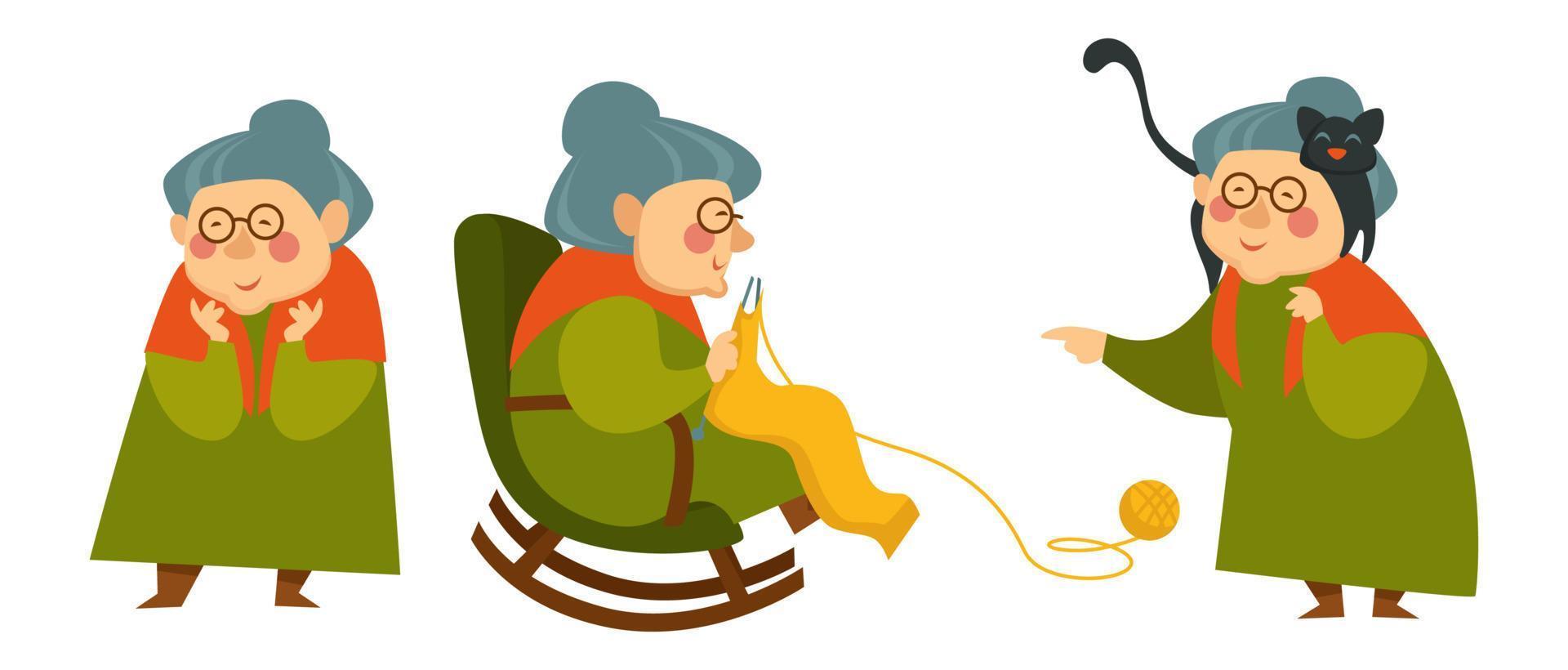 Grandmother with cat, knitting granny in chair vector