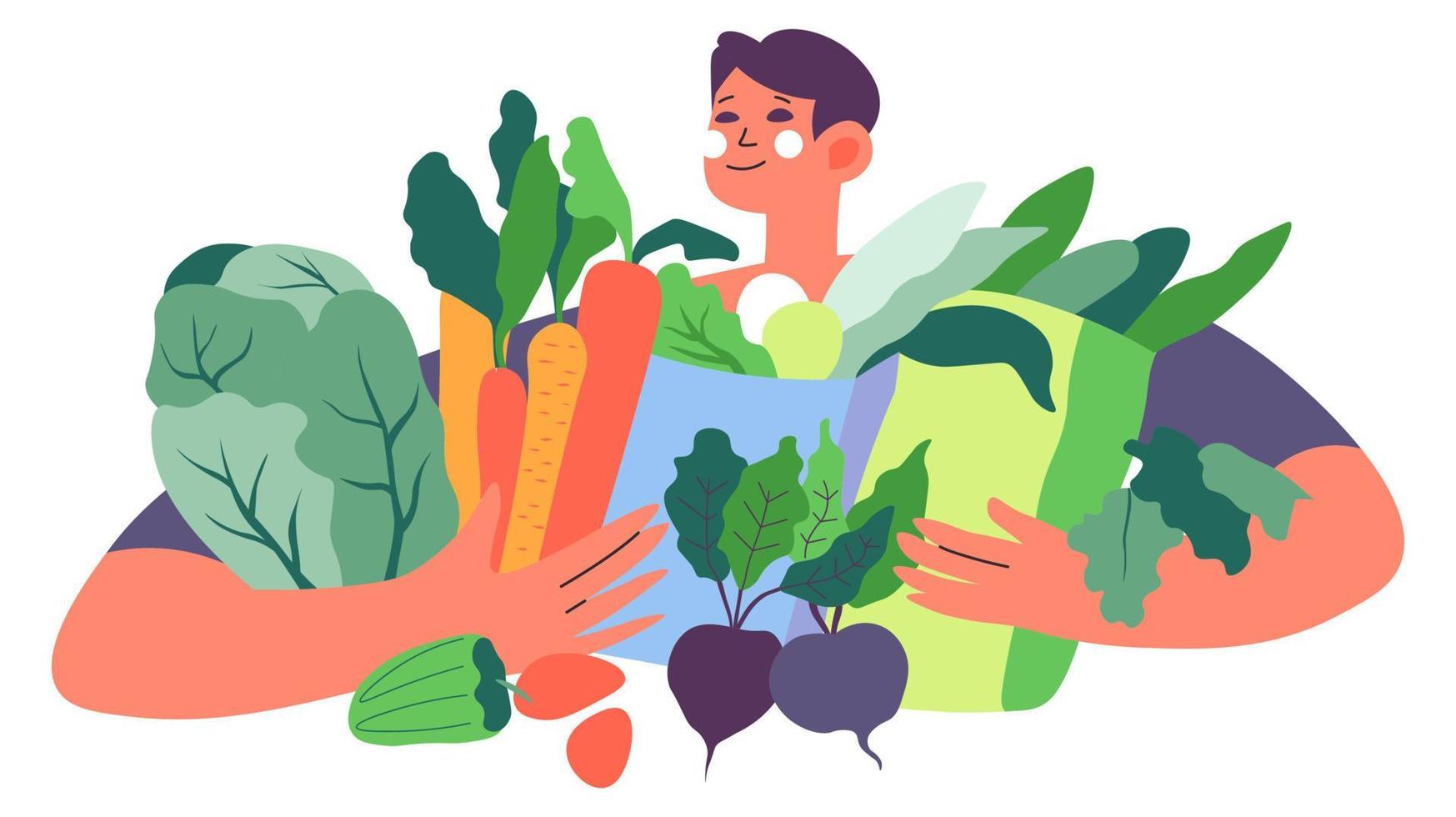 dieta saludable y nutrición, hombre con verduras vector