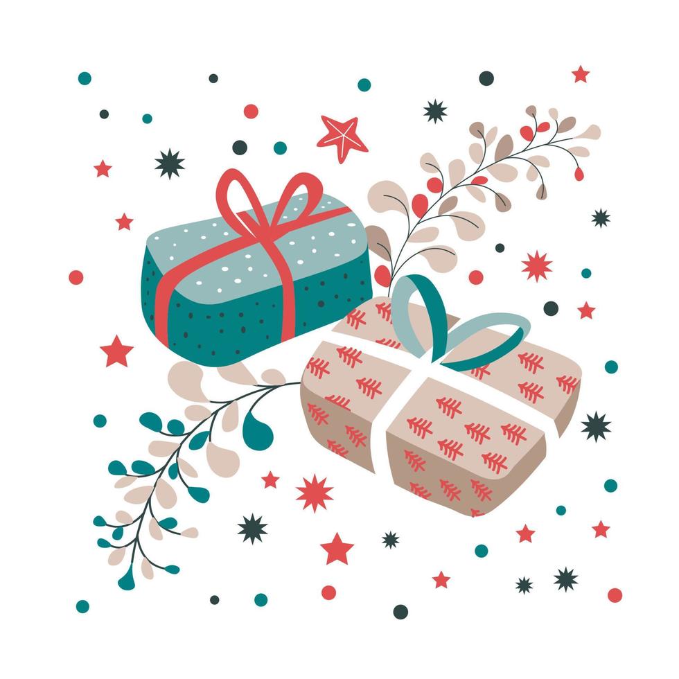 regalos en cajas, año nuevo y regalo de navidad. vector