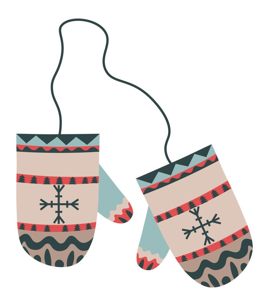 Warm knitted mittens with snowflake ornaments vector