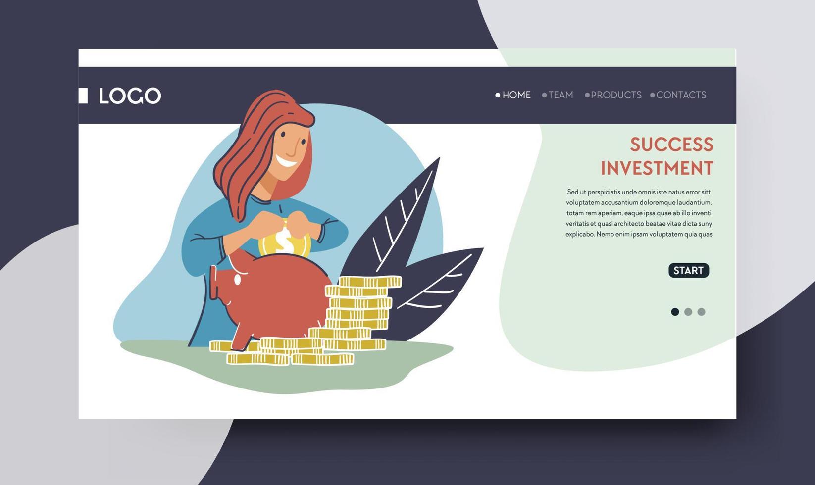 invertir y poner dinero en proyectos para obtener ingresos y ganancias. inversor con activos financieros en hucha. depósito o banca. plantilla de aterrizaje de sitio web o página web, vector en estilo plano