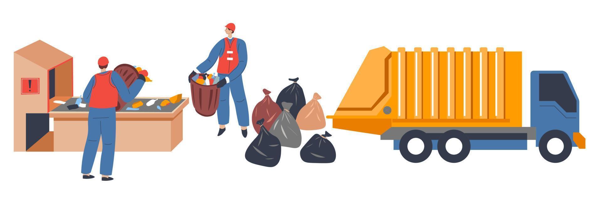 Workers filling truck with garbage in plastic bags vector