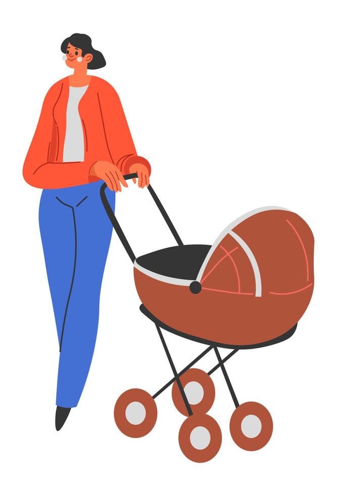 Woman with perambulator, mother and newborn baby vector