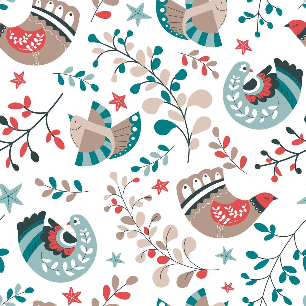 Birds with floral ornaments, seamless pattern vector