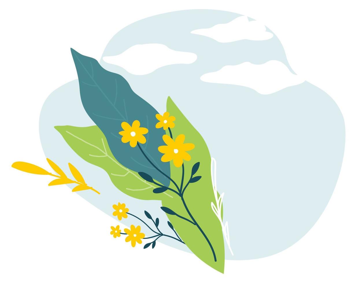 banner floral con cielo, nubes y plantas con flores vector