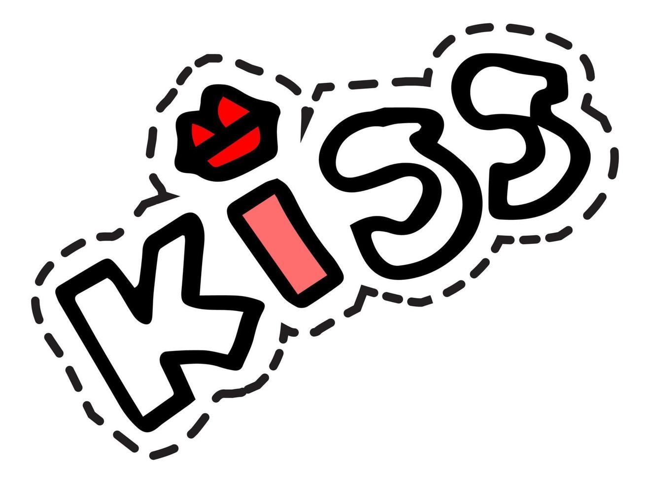 Kiss sticker with lips and letters, phrase icon vector