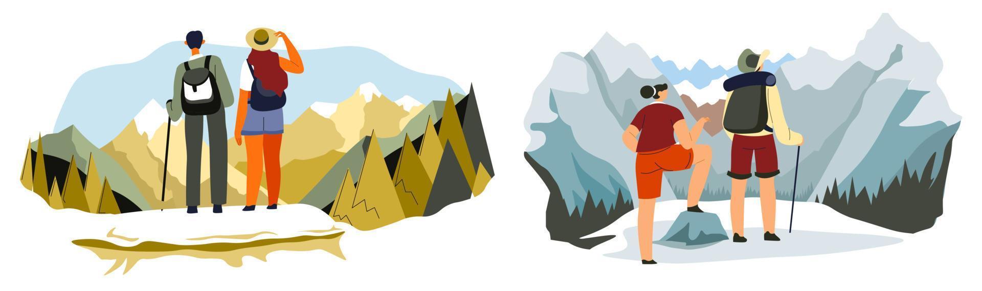 People traveling and hiking in mountains vector