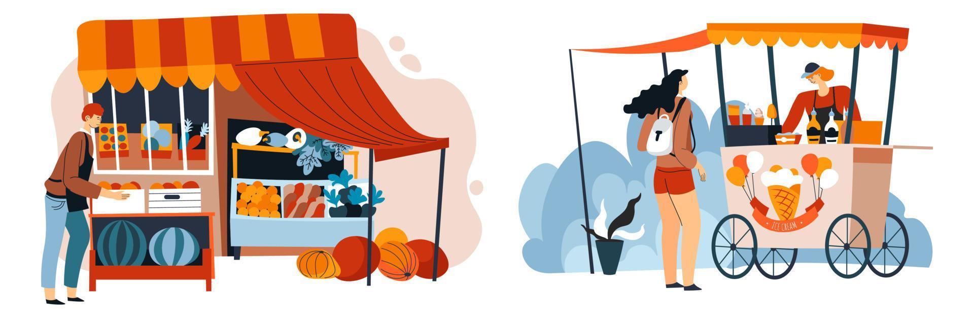 Buying vegetables and ice cream street food stall vector