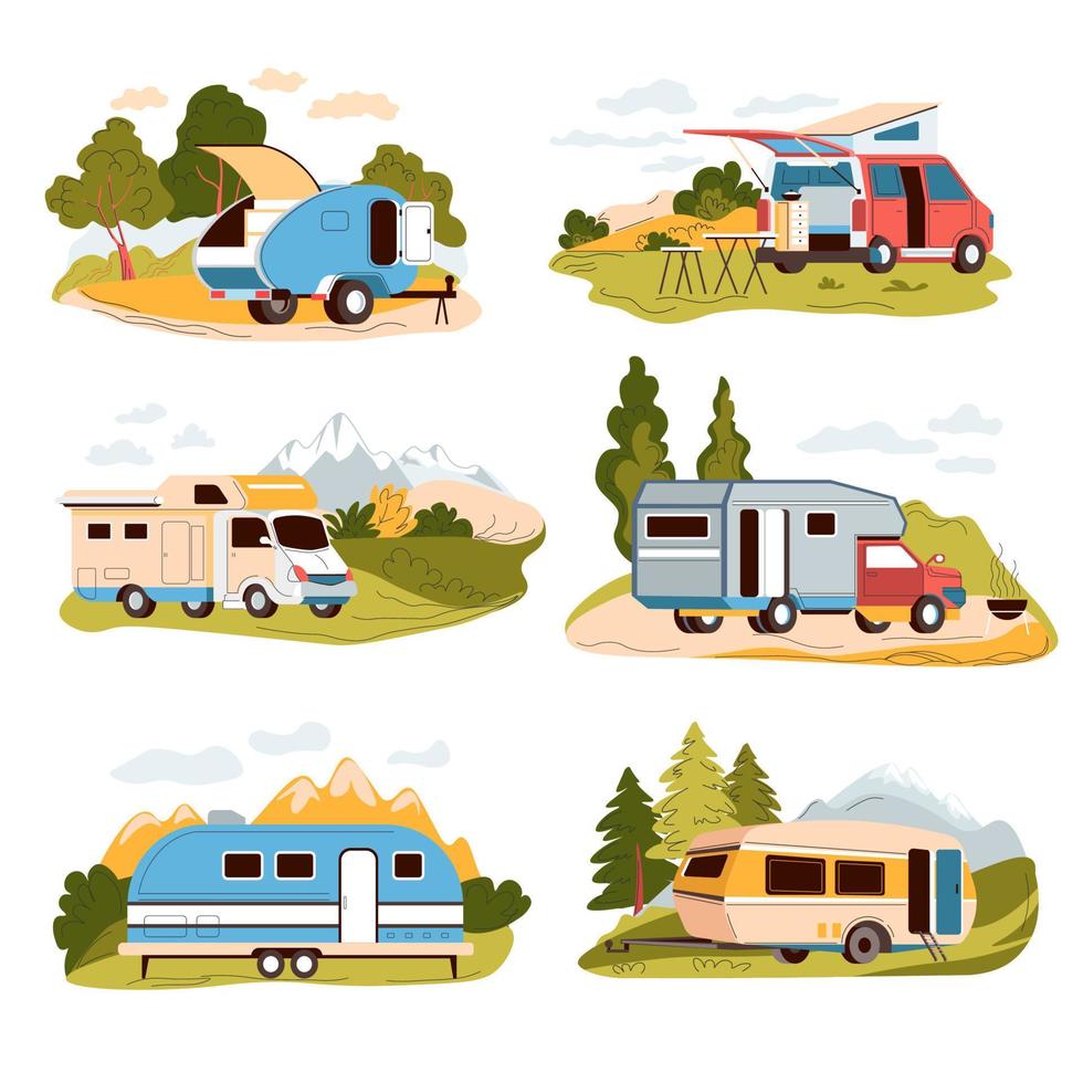 Camper van, camping holidays outdoors in summer vector