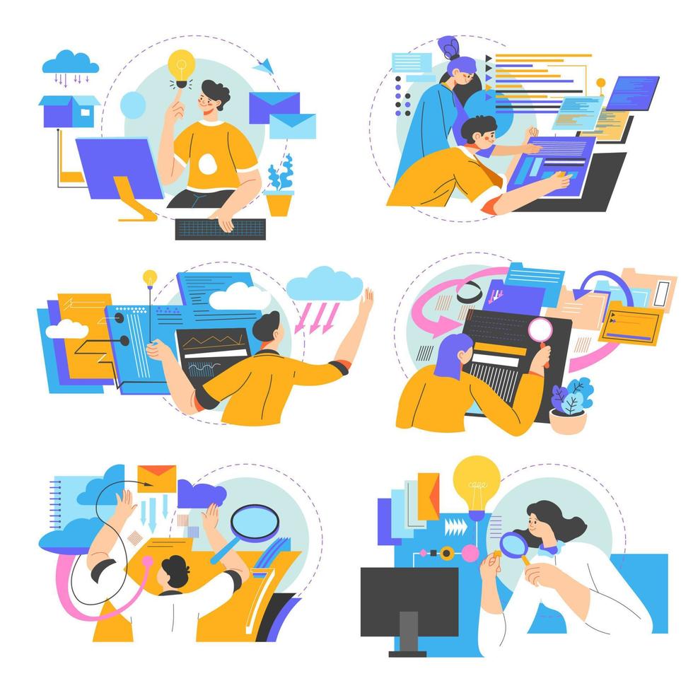 Data research and analytics, people by computers vector