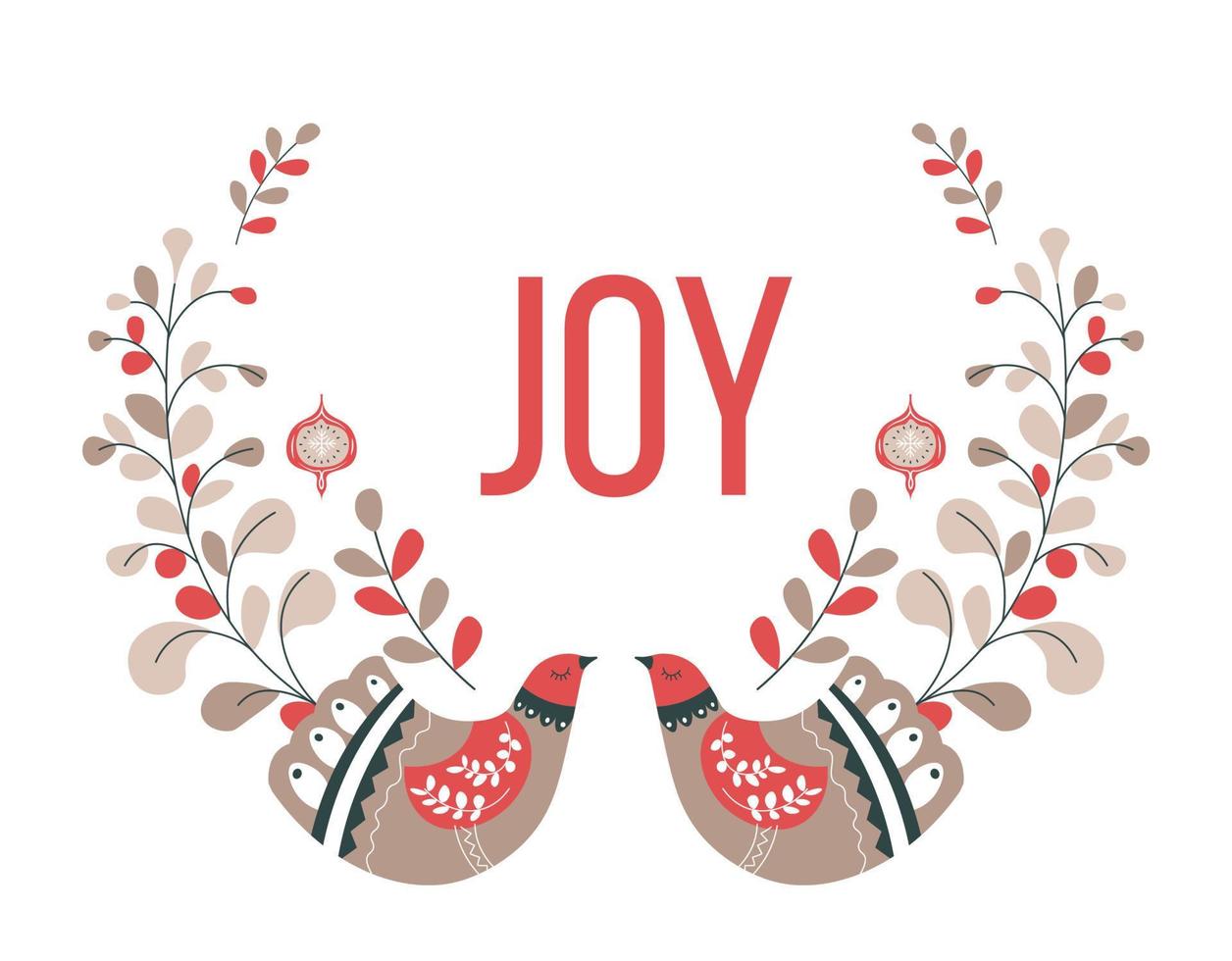 Birds with floral ornaments, joy greeting card vector