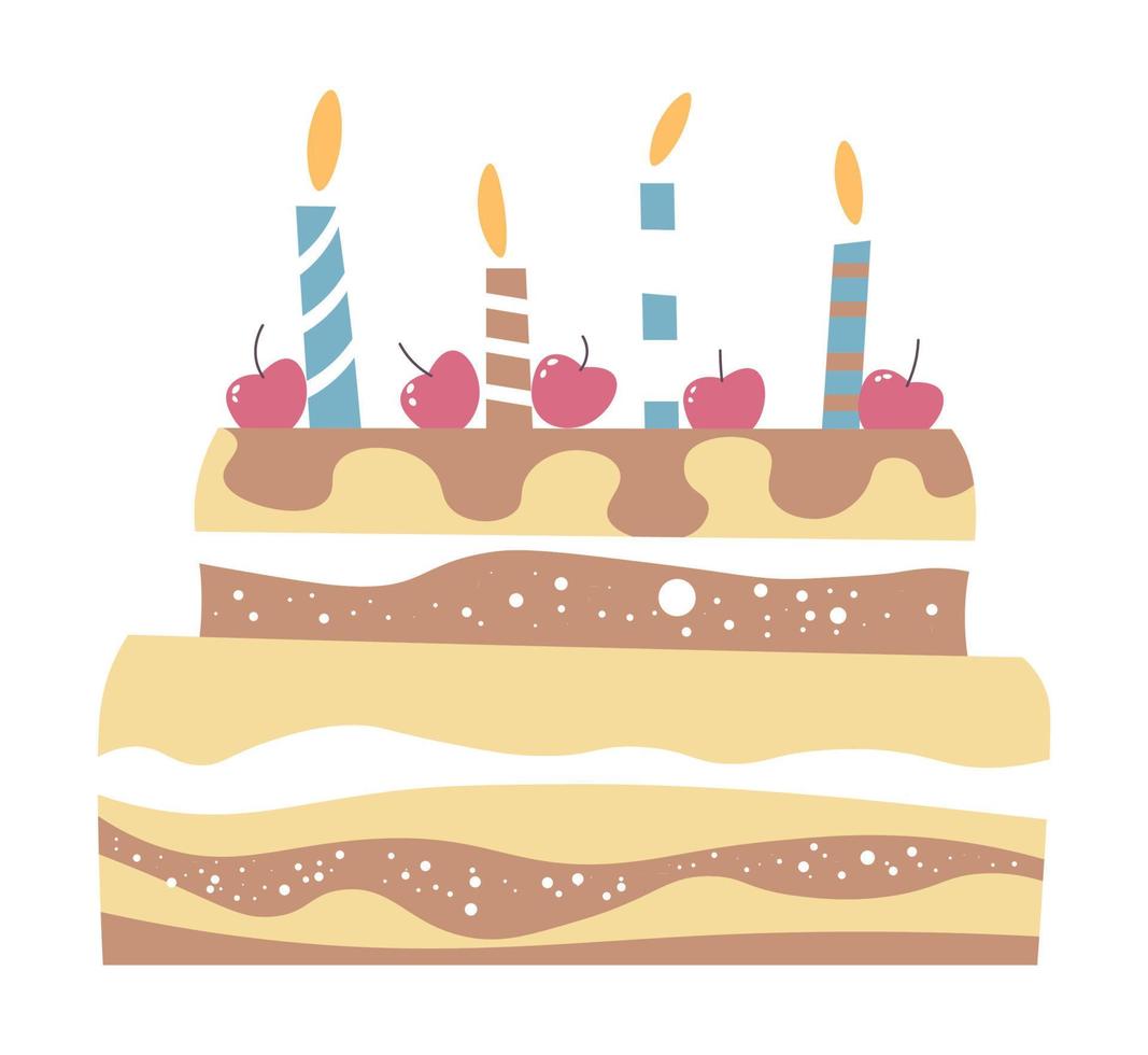 sabroso pastel de cumpleaños con cerezas y velas vector