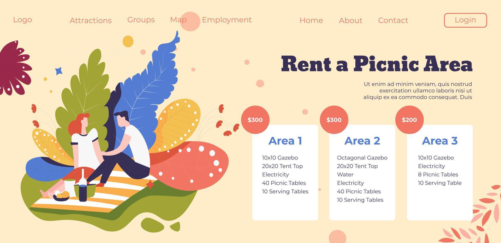 Rent picnic area, online website with reservation vector