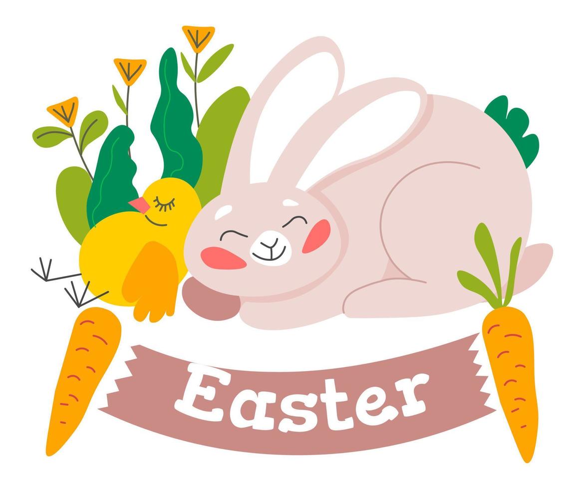 Easter bunny and chicken sleeping funny characters vector