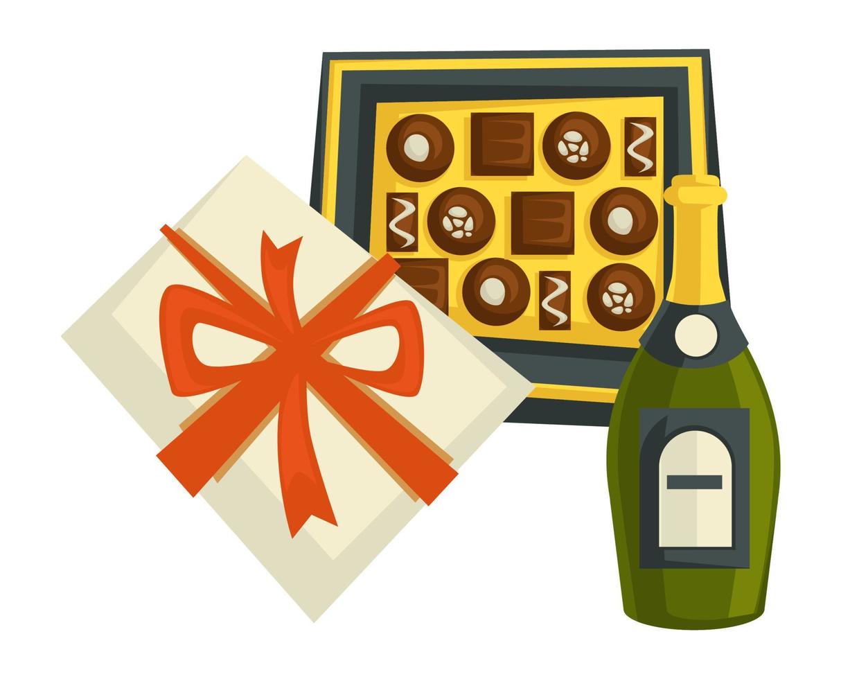 Chocolate candies and bottle of wine or champagne vector