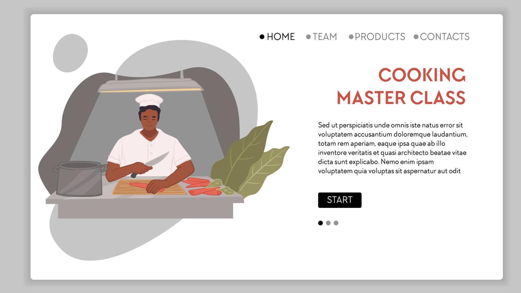 master class de cocina, clases y lecciones con chef profesional especialista. personaje masculino en la cocina con comida. sitio web o plantilla de página de destino web con botones de navegación. vector en estilo plano