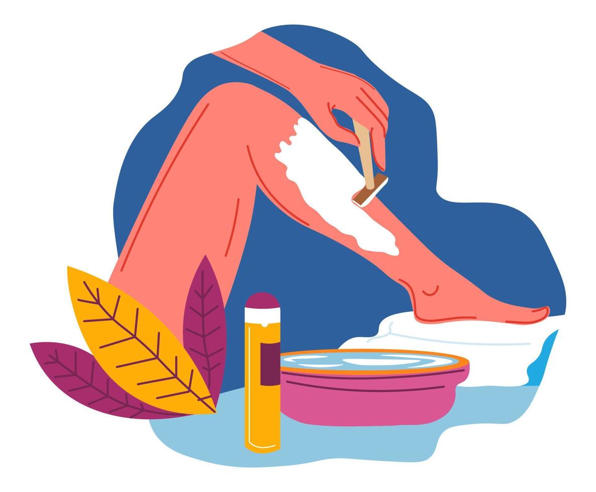 Shaving legs with foam and razor, depilating girl vector
