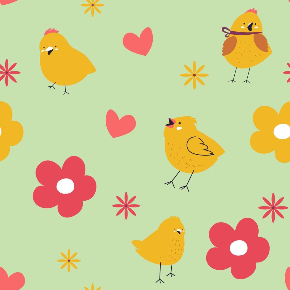 Small chicken  and blooming flowers easter pattern vector