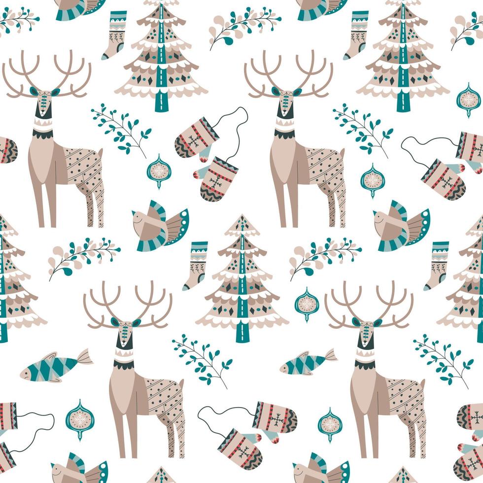 Reindeer and pine tree with evergreen branches vector