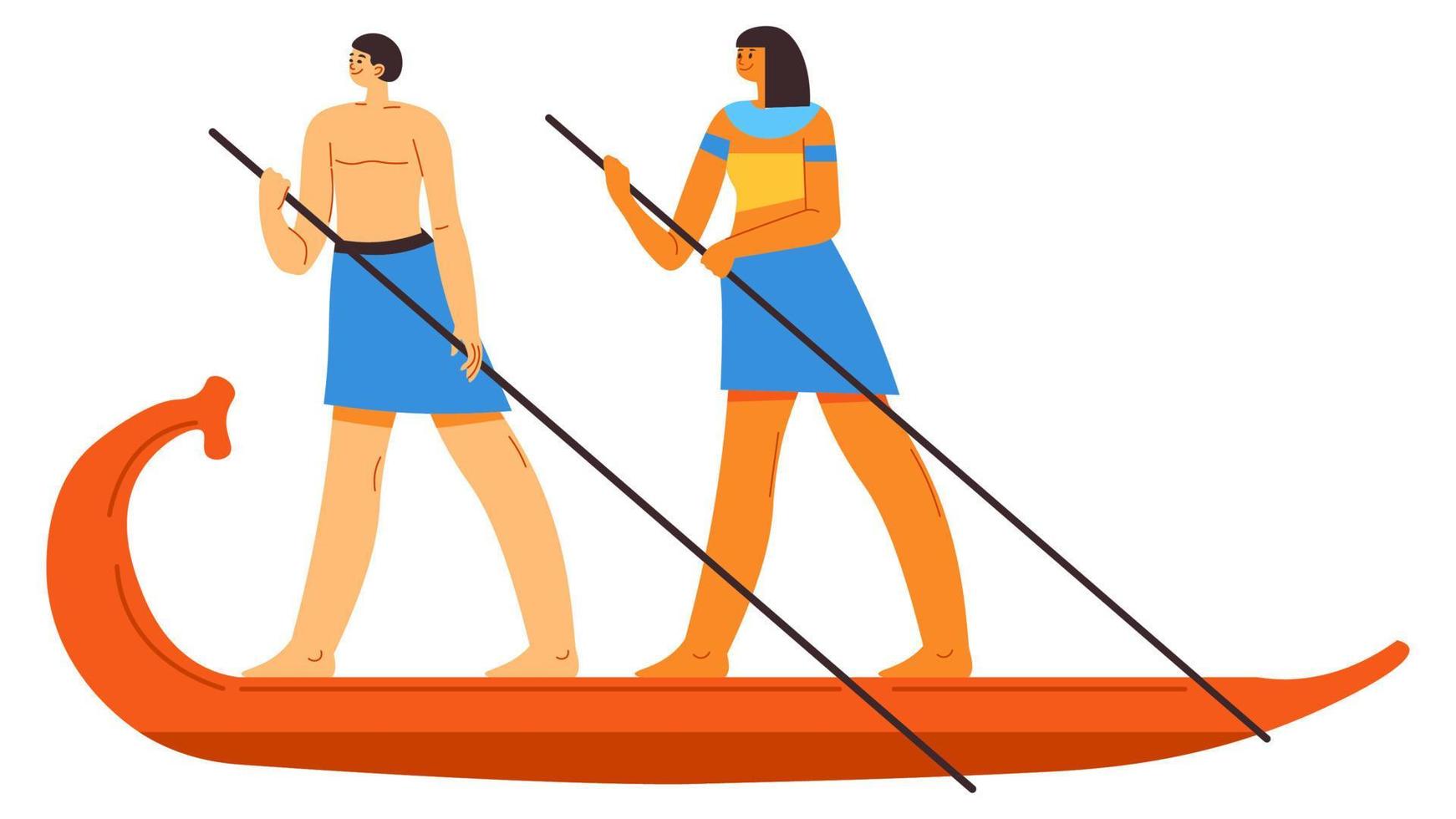 Ancient egyptian people floating on wooden boat vector