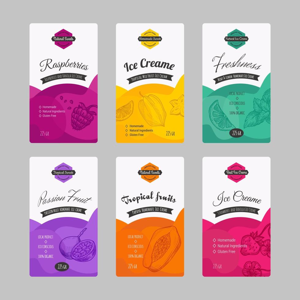 Ice cream label, product sticker design set vector