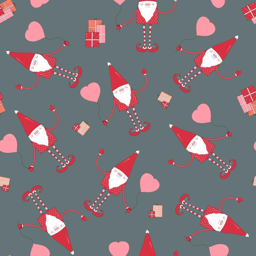 Seamless pattern with smiling cartoon character gnome and gift vector