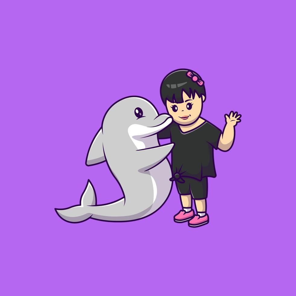 Linda chica con ilustración de iconos de vector de dibujos animados de delfines. concepto de caricatura plana. adecuado para cualquier proyecto creativo.