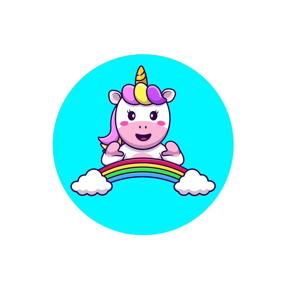 lindo unicornio con ilustración de iconos de vector de dibujos animados de nube de arco iris. concepto de caricatura plana. adecuado para cualquier proyecto creativo.