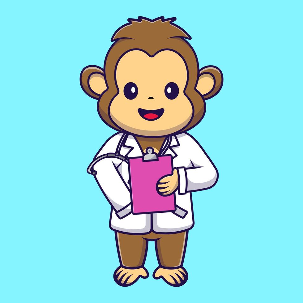lindo mono doctor sosteniendo estetoscopio y portapapeles dibujos animados vector iconos ilustración. concepto de caricatura plana. adecuado para cualquier proyecto creativo.