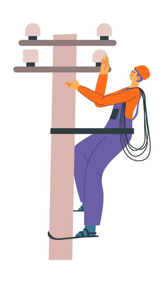 Electrician rising up on concrete pillar with wire vector