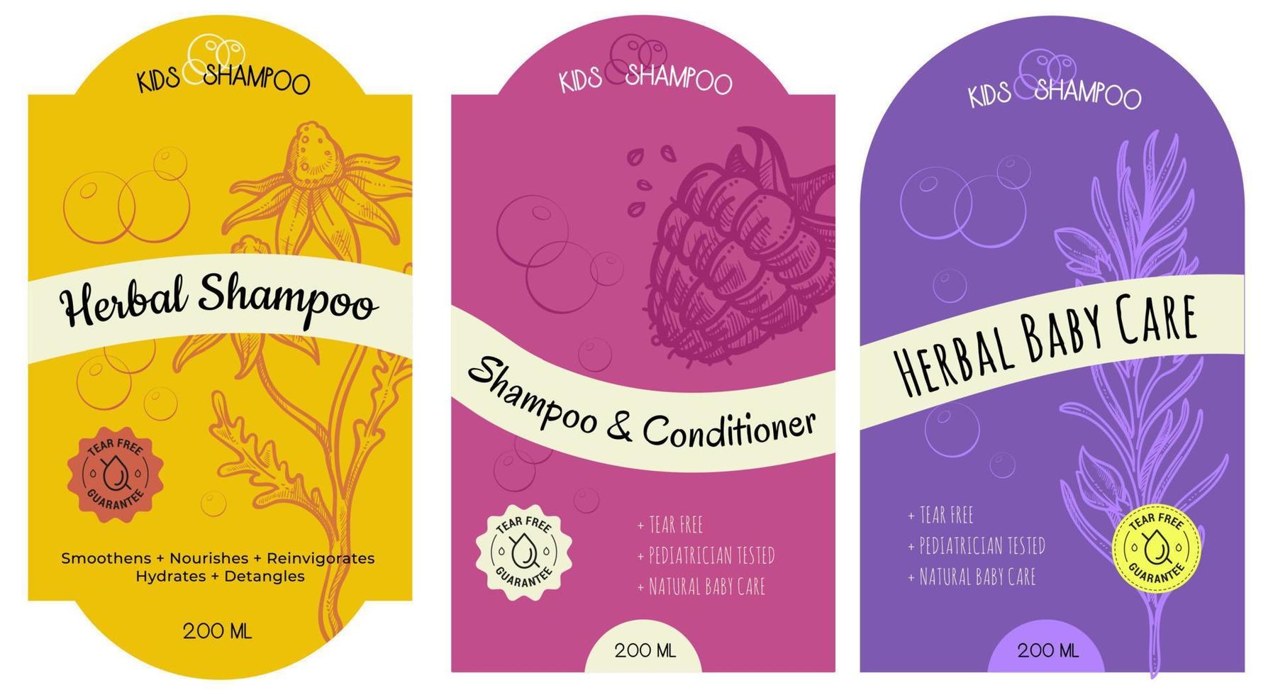Herbal shampoo and conditioner, baby care labels vector